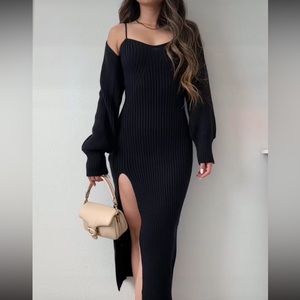 Two piece ribbed knit midi dress and bolero set